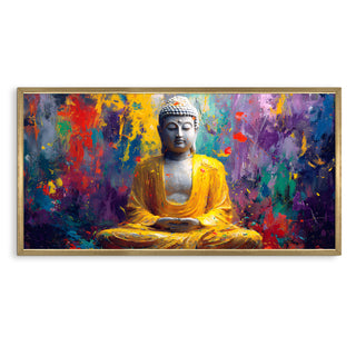 Abstract Buddha in Yellow Robe Wall Art, HD Canvas Print, Golden Box Framed, Ready to Hang, (24 In x 48 In) (BUDDHA-WA-13)