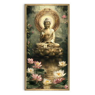 Golden Buddha Portrait with Lotus Pond Wall Art, HD Canvas Print, Golden Box Framed, Ready to Hang, (48 In x 24 In) (BUDDHA-WA-40)