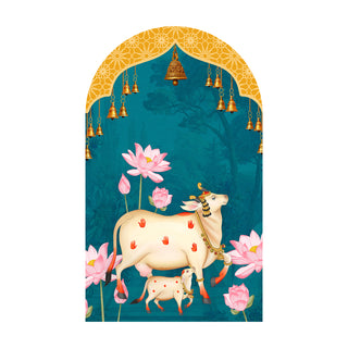 Pichwai Cow Temple Background Arch Wall Mural – Peel & Stick Cow Wallpaper – Waterproof Self Adhesive Vinyl Sticker for Living Room, Entryway – Size: 5ft x 3ft (PDAWALL02)