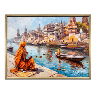 Banaras Ghats Painting Wall Art – Varanasi Riverfront with Golden Floater Frame – HD Print Large Canvas, Ready to Hang, Size: 3X4FT, (BAWA23).