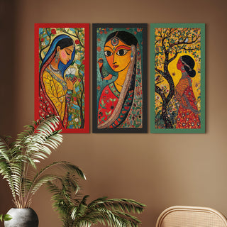 Madhubani paintings for living room. Set of 3 canvas wrapped framed madhubani art for wall decor. 12 x 24 inch x 3 frames (MDBWA002)