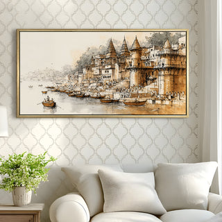 Banaras Ghats Painting Wall Art – Varanasi Riverfront with Golden Floater Frame – HD Print Large Canvas, Ready to Hang, Size: 2X4FT, (BAWA33).