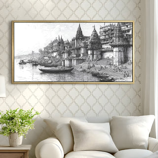 Banaras Ghats Painting Wall Art – Varanasi Riverfront with Golden Floater Frame – HD Print Large Canvas, Ready to Hang, Size: 2X4FT, (BAWA34).