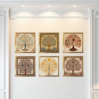 Ethnic Wall Art Set of 6 | HD Canvas Print | Ready to Hang | Golden Box Frame Panels for Home & Office Décor | Each Frame Size: 14X14 INCH (ETHF10)