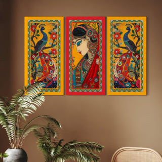 Madhubani paintings for living room. Set of 3 canvas wrapped framed madhubani art for wall decor. 12 x 24 inch x 3 frames (MDBWA001)