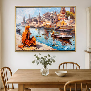 Banaras Ghats Painting Wall Art – Varanasi Riverfront with Golden Floater Frame – HD Print Large Canvas, Ready to Hang, Size: 3X4FT, (BAWA23).