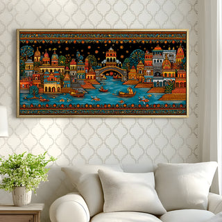 Banaras Ghats Painting Wall Art – Varanasi Riverfront with Golden Floater Frame – HD Print Large Canvas, Ready to Hang, Size: 2X4FT, (BAWA36).