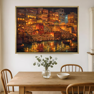 Banaras Ghats Painting Wall Art – Varanasi Riverfront with Golden Floater Frame – HD Print Large Canvas, Ready to Hang, Size: 3X4FT, (BAWA09).