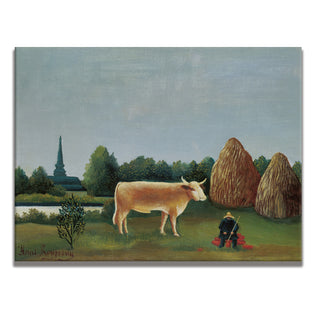 Landscape with Cow and Haystacks – Henri Rousseau Painting | HD Canvas Print | Ready to Hang | Wall Art for Bedroom, living room, Hallway (HRWA09)