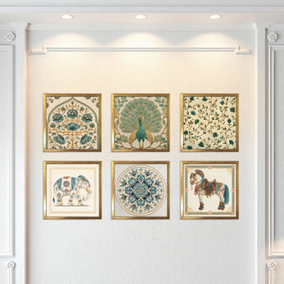 Ethnic Wall Art Set of 6 | HD Canvas Print | Ready to Hang | Golden Box Frame Panels for Home & Office Décor | Each Frame Size: 14X14 INCH (ETHF09)