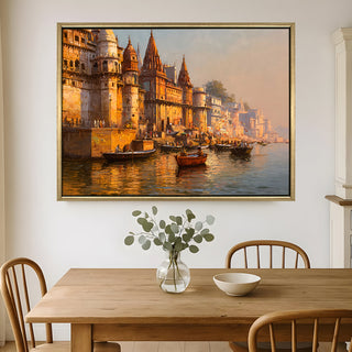 Banaras Ghats Painting Wall Art – Varanasi Riverfront with Golden Floater Frame – HD Print Large Canvas, Ready to Hang, Size: 3X4FT, (BAWA16).