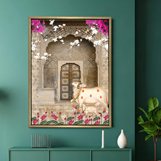 Traditional Pichwai Cow & Calf – Indian Heritage Wall Art HD Canvas Print for Home Decor, Ready to Hang (PWA22).