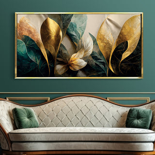 Elegant Large Golden Flower Canvas Wall Art For Living Room. Stylish Home and Office Décor for Living Room, Bedroom, Office, Hotels | Size: 24x48 In (FLWA26)