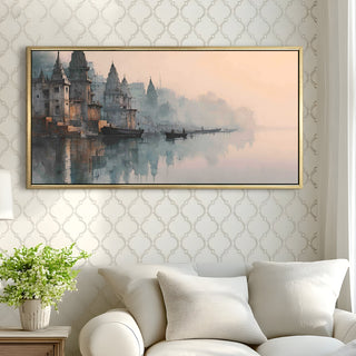 Banaras Ghats Painting Wall Art – Varanasi Riverfront with Golden Floater Frame – HD Print Large Canvas, Ready to Hang, Size: 2X4FT, (BAWA38).