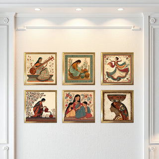 Ethnic Wall Art Set of 6 | HD Canvas Print | Ready to Hang | Golden Box Frame Panels for Home & Office Décor | Each Frame Size: 14X14 INCH (ETHF03)