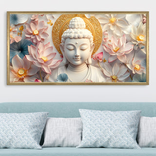 Divine Buddha with Lotus Wall Art, HD Canvas Print, Golden Box Framed, Ready to Hang, (24 In x 48 In) (BUDDHA-WA-18)
