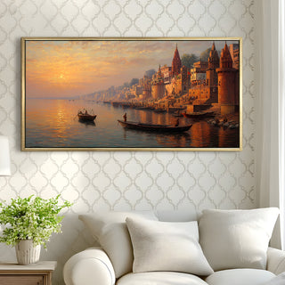 Banaras Ghats Painting Wall Art – Varanasi Riverfront with Golden Floater Frame – HD Print Large Canvas, Ready to Hang, Size: 2X4FT, (BAWA43).