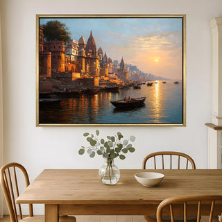 Banaras Ghats Painting Wall Art – Varanasi Riverfront with Golden Floater Frame – HD Print Large Canvas, Ready to Hang, Size: 3X4FT, (BAWA19).