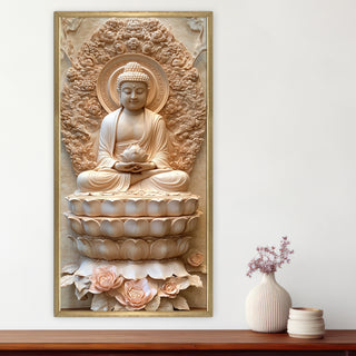 Sacred Buddha Portrait on Lotus Throne Wall Art, HD Canvas Print, Golden Box Framed, Ready to Hang, (48 In x 24 In) (BUDDHA-WA-42)