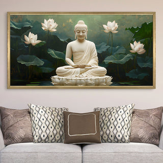 White Buddha with Lotus Pond Wall Art, HD Canvas Print, Golden Box Framed, Ready to Hang, (24 In x 48 In) (BUDDHA-WA-16)