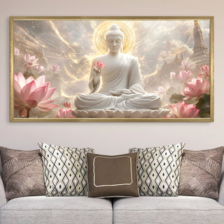 Buddha & Lotus Blossom Wall Art, HD Canvas Print, Golden Box Framed, Ready to Hang, (24 In x 48 In) (BUDDHA-WA-05)