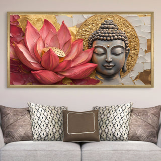 Buddha with Red Lotus Wall Art, HD Canvas Print, Golden Box Framed, Ready to Hang, (24 In x 48 In) (BUDDHA-WA-09)