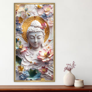 Serene White Buddha Portrait Wall Art, HD Canvas Print, Golden Box Framed, Ready to Hang, (48 In x 24 In) (BUDDHA-WA-31)