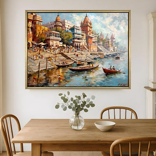 Banaras Ghats Painting Wall Art – Varanasi Riverfront with Golden Floater Frame – HD Print Large Canvas, Ready to Hang, Size: 3X4FT, (BAWA15).