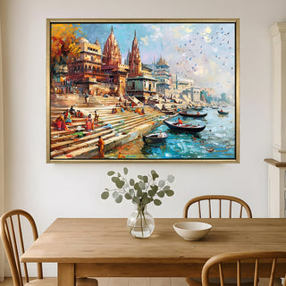 Banaras Ghats Painting Wall Art – Varanasi Riverfront with Golden Floater Frame – HD Print Large Canvas, Ready to Hang, Size: 3X4FT, (BAWA04).