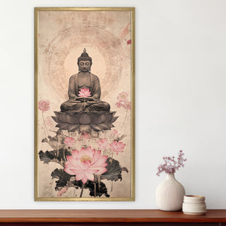 Tranquil Buddha with Pink Lotus Portrait Wall Art, HD Canvas Print, Golden Box Framed, Ready to Hang, (48 In x 24 In) (BUDDHA-WA-35)
