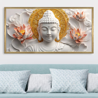 White Buddha with Floral Design Wall Art, HD Canvas Print, Golden Box Framed, Ready to Hang, (24 In x 48 In) (BUDDHA-WA-15)