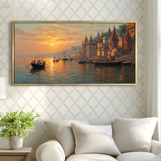 Banaras Ghats Painting Wall Art – Varanasi Riverfront with Golden Floater Frame – HD Print Large Canvas, Ready to Hang, Size: 2X4FT, (BAWA35).