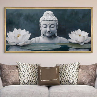 Buddha with White Lotus Wall Art, HD Canvas Print, Golden Box Framed, Ready to Hang, (24 In x 48 In) (BUDDHA-WA-02)