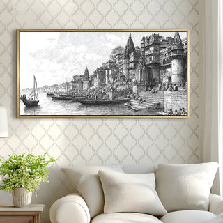 Banaras Ghats Painting Wall Art – Varanasi Riverfront with Golden Floater Frame – HD Print Large Canvas, Ready to Hang, Size: 2X4FT, (BAWA42).