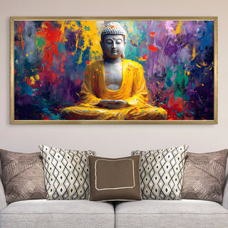 Abstract Buddha in Yellow Robe Wall Art, HD Canvas Print, Golden Box Framed, Ready to Hang, (24 In x 48 In) (BUDDHA-WA-13)