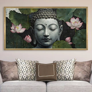 Buddha with Lotus Leaves Wall Art, HD Canvas Print, Golden Box Framed, Ready to Hang, (24 In x 48 In) (BUDDHA-WA-12)