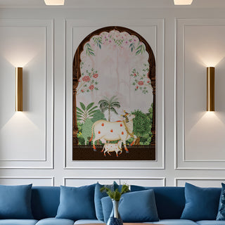 Pichwai Cow Temple Background Arch Wall Mural – Peel & Stick Cow Wallpaper – Waterproof Self Adhesive Vinyl Sticker for Living Room, Entryway – Size: 5ft x 3ft (PDAWALL01)