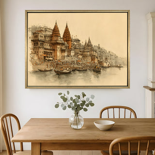 Banaras Ghats Painting Wall Art – Varanasi Riverfront with Golden Floater Frame – HD Print Large Canvas, Ready to Hang, Size: 3X4FT, (BAWA21).