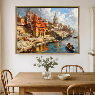 Banaras Ghats Painting Wall Art – Varanasi Riverfront with Golden Floater Frame – HD Print Large Canvas, Ready to Hang, Size: 3X4FT, (BAWA07).