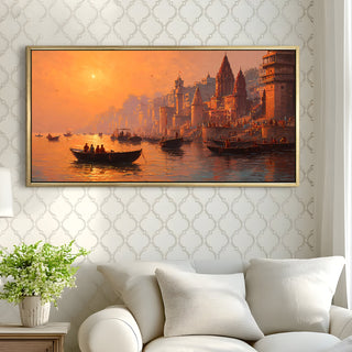 Banaras Ghats Painting Wall Art – Varanasi Riverfront with Golden Floater Frame – HD Print Large Canvas, Ready to Hang, Size: 2X4FT, (BAWA39).