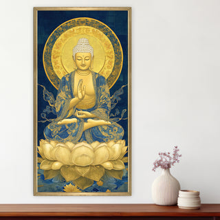 Golden Buddha Portrait with Lotus Throne Wall Art, HD Canvas Print, Golden Box Framed, Ready to Hang, (48 In x 24 In) (BUDDHA-WA-45)