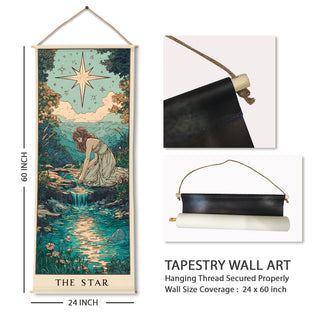 The Star Tarot Tapestry – Spiritual Art Wall Hanging, Thick fabric, HD Print, Ready to Hang Wall Décor. Size 24 In x 60 In. (TAROTTPS12)