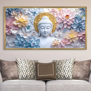Buddha with Pastel Lotus Wall Art, HD Canvas Print, Golden Box Framed, Ready to Hang, (24 In x 48 In) (BUDDHA-WA-04)