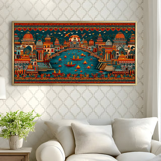 Banaras Ghats Painting Wall Art – Varanasi Riverfront with Golden Floater Frame – HD Print Large Canvas, Ready to Hang, Size: 2X4FT, (BAWA32).