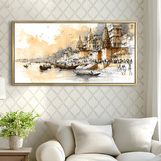 Banaras Ghats Painting Wall Art – Varanasi Riverfront with Golden Floater Frame – HD Print Large Canvas, Ready to Hang, Size: 2X4FT, (BAWA41).