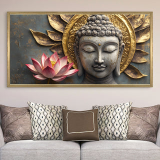 Divine Buddha & Lotus Blossom Wall Art, HD Canvas Print, Golden Box Framed, Ready to Hang, (24 In x 48 In) (BUDDHA-WA-10)
