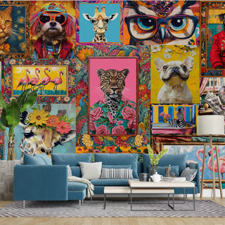 Funky Animal Pop Art Collage Wall Mural – Maximalist Modern Wall Décor (PATCH028)
