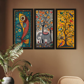 Madhubani paintings for living room. Set of 3 canvas wrapped framed madhubani art for wall decor. 12 x 24 inch x 3 frames (MDBWA003)