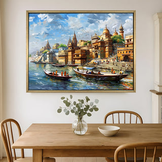 Banaras Ghats Painting Wall Art – Varanasi Riverfront with Golden Floater Frame – HD Print Large Canvas, Ready to Hang, Size: 3X4FT, (BAWA10).