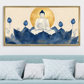 Blue Lotus Buddha Wall Art, HD Canvas Print, Golden Box Framed, Ready to Hang, (24 In x 48 In) (BUDDHA-WA-14)